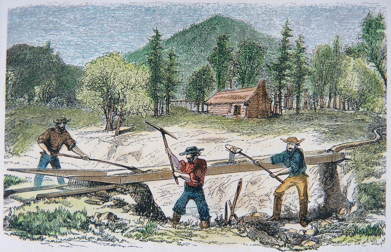 1849年のカリフォルニア・ゴールドラッシュで水門を使う探鉱者たち（カラーリトグラフ 作： アメリカの学校