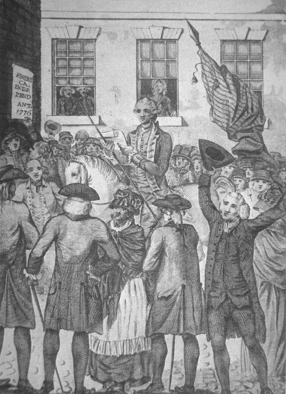 1776年、独立宣言書を読み上げる（リトグラフ 作： アメリカの学校