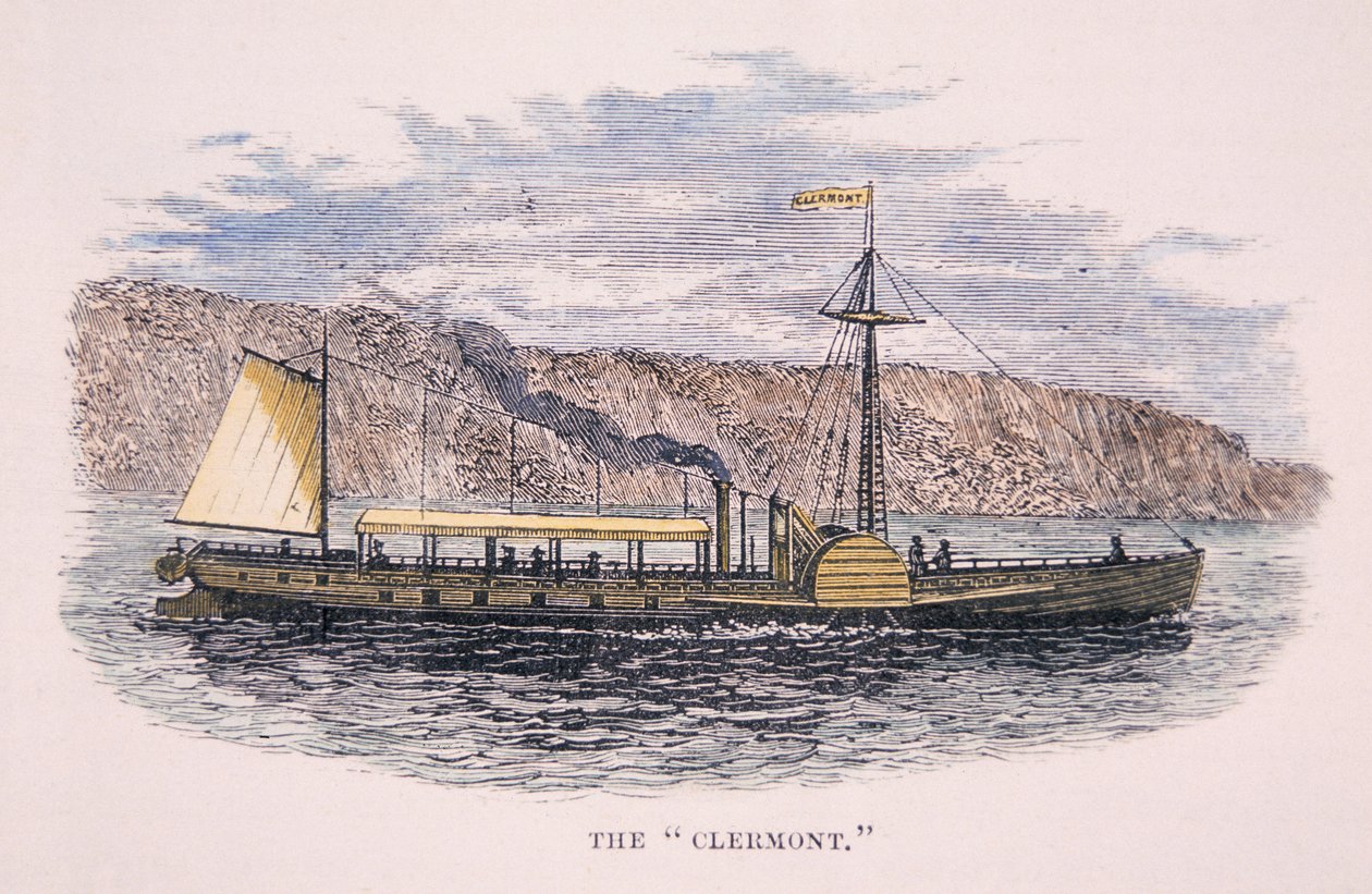 ロバート・フルトン（1765-1815）の蒸気船「クレモント」、ニューヨーク・ハドソン川にて 作： アメリカの学校
