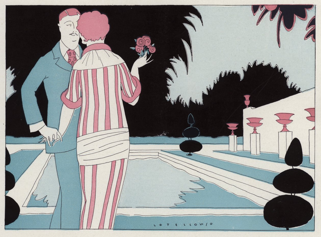 プールサイドで手を取り合うロマンチックなカップル。J・A・ウォルドロンの短編小説『Prospective Honeymooners』（カラーリトグラフ）の一場面。 作： アメリカの学校