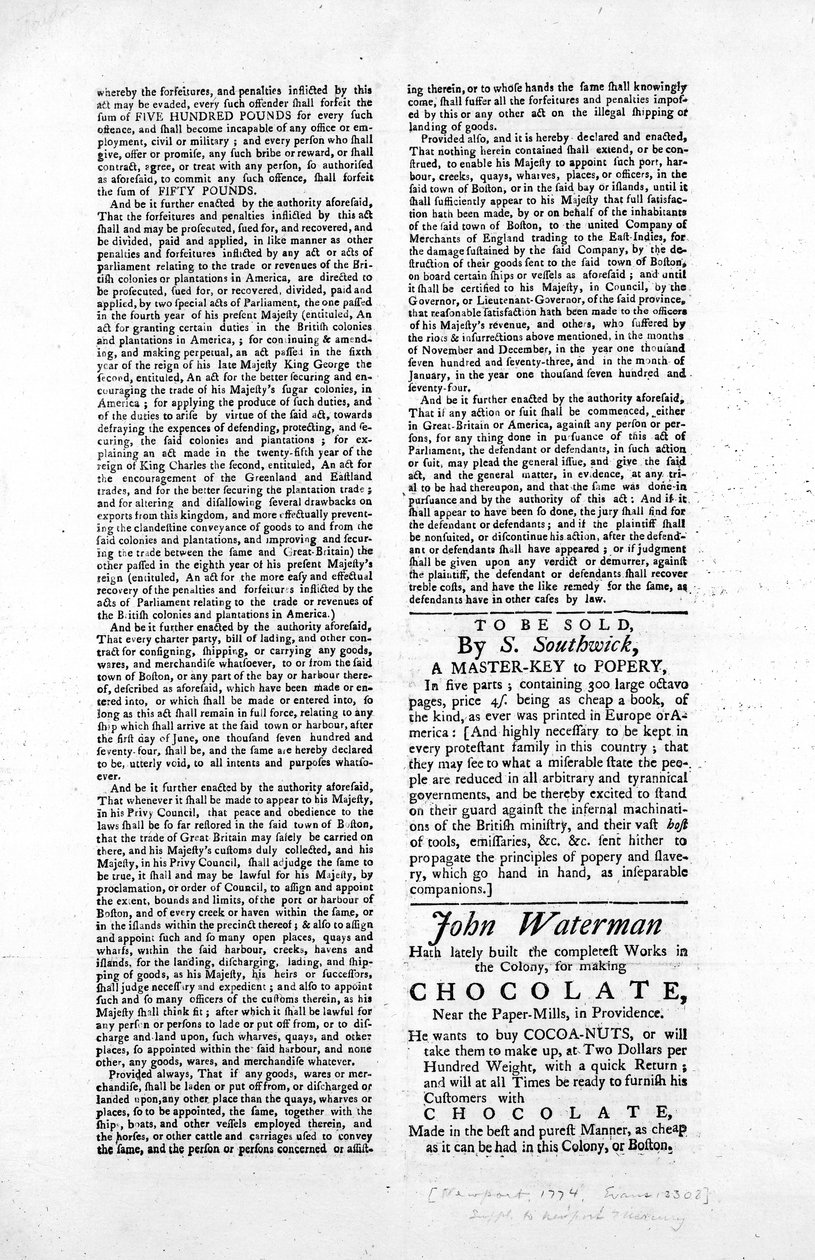 ボストン港の封鎖に関する法律の概要を示す広報の2ページ目、1774年（新聞） 作： アメリカの学校
