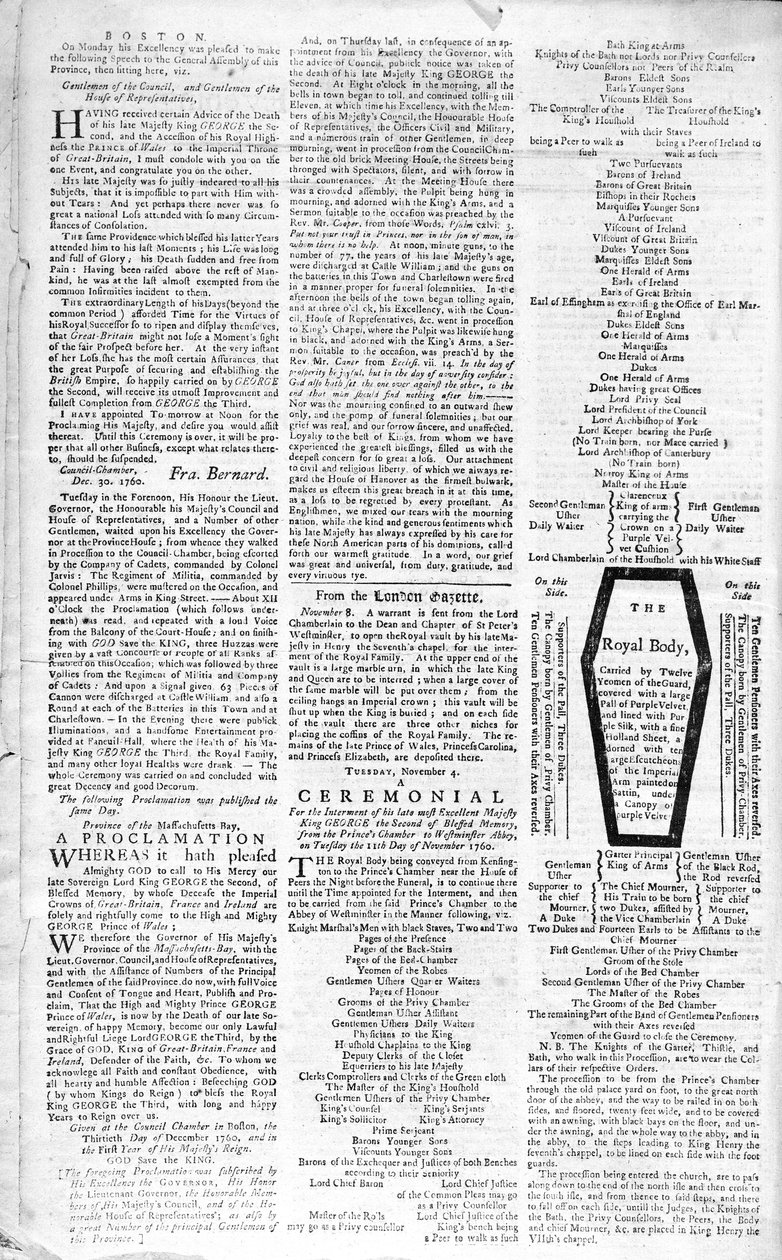 1761年1月5日、ジョージ2世の死を告げたボストンイブニングポストの2ページ目（1683-1760）（印刷） 作： アメリカの学校