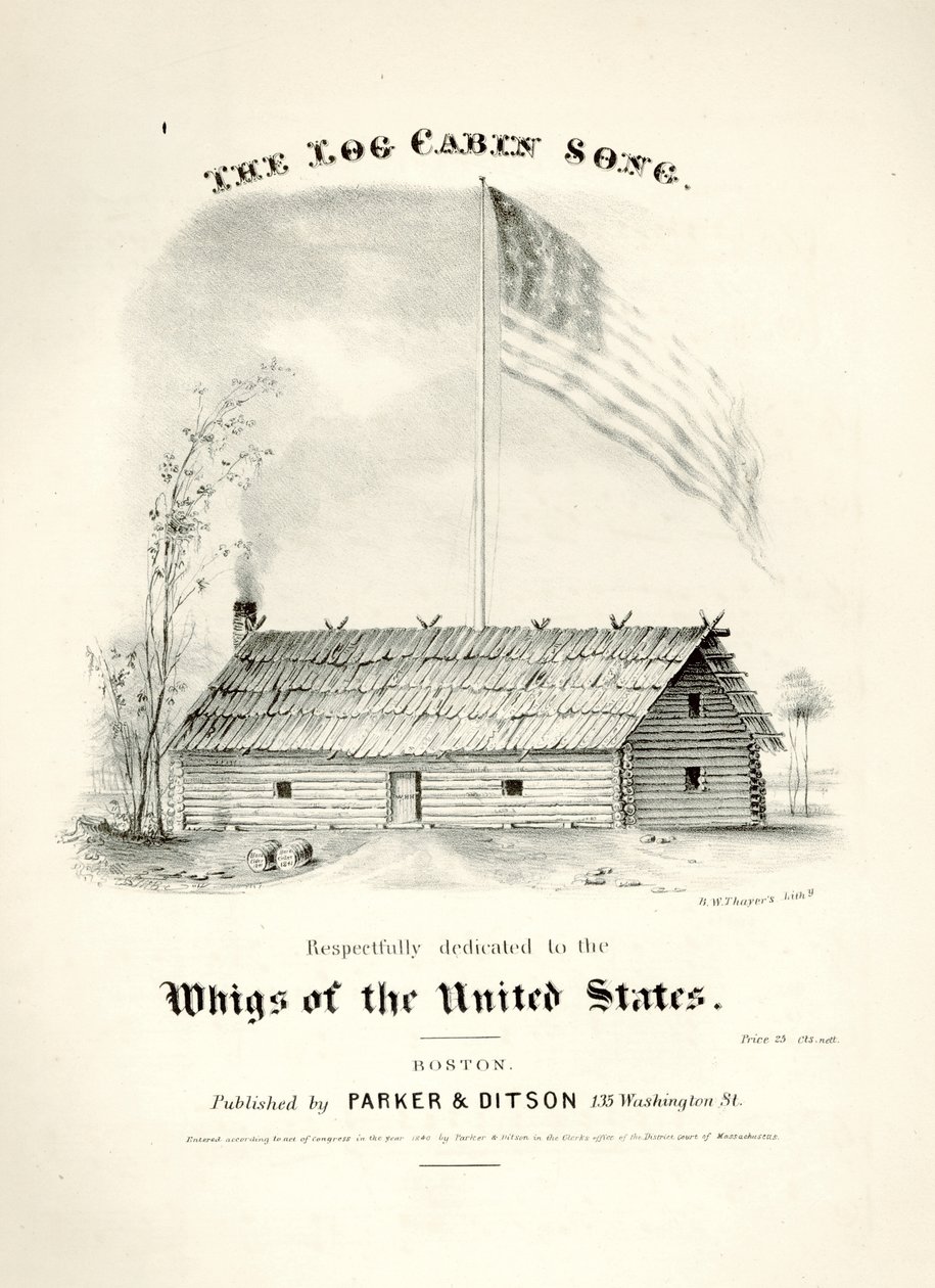 The Log Cabin Song ...の楽譜カバー、パーカー＆ディットソン、ボストン発行、1840年 作： アメリカの学校