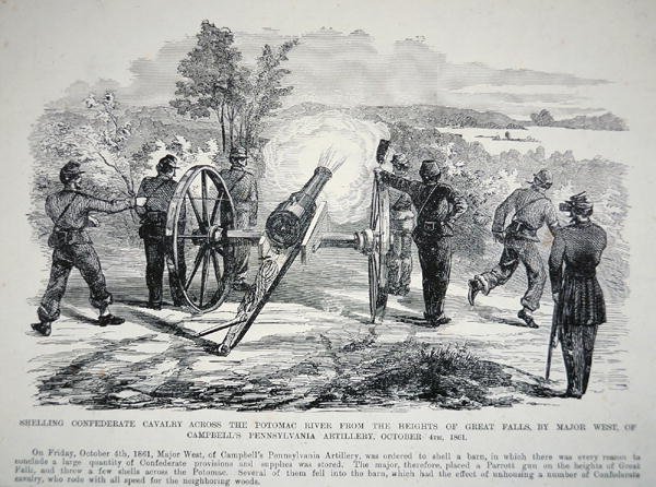 「グレートフォールズの高さからポトマック川を渡って南軍の騎兵隊を砲撃する...」、1861年10月4日（リソ） 作： アメリカの学校