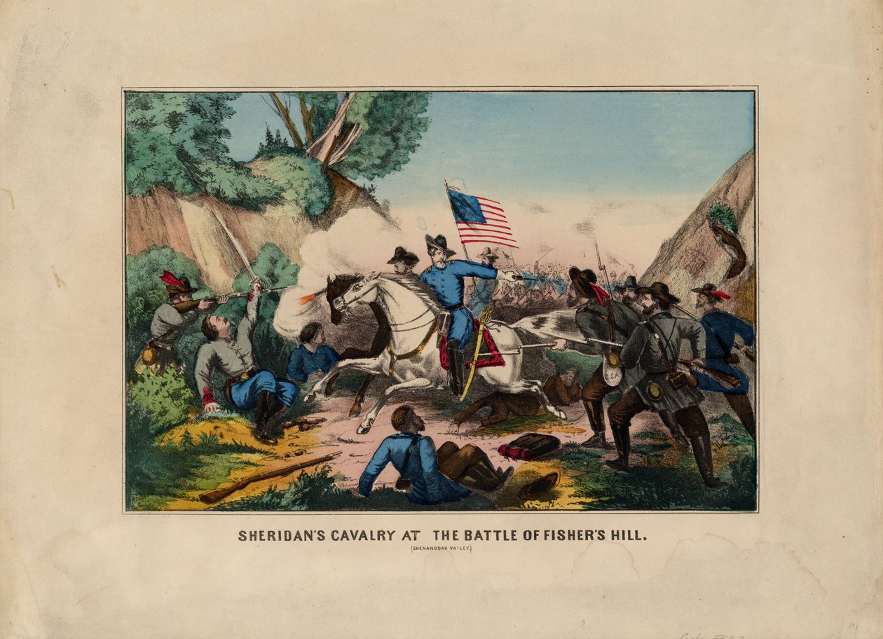 フィッシャーズヒルの戦い（シェナンドーバレー）、パブでシェリダンの騎兵Currier＆Ives、1864年頃 作： アメリカの学校