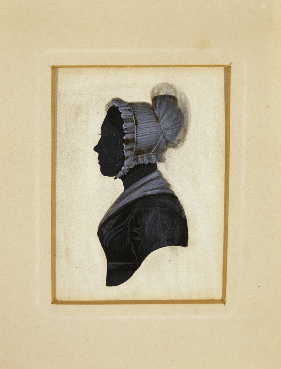 女性のシルエット」1830-1840年頃（織紙に黒インク、茶と白のチョークで線を描く 作： アメリカの学校