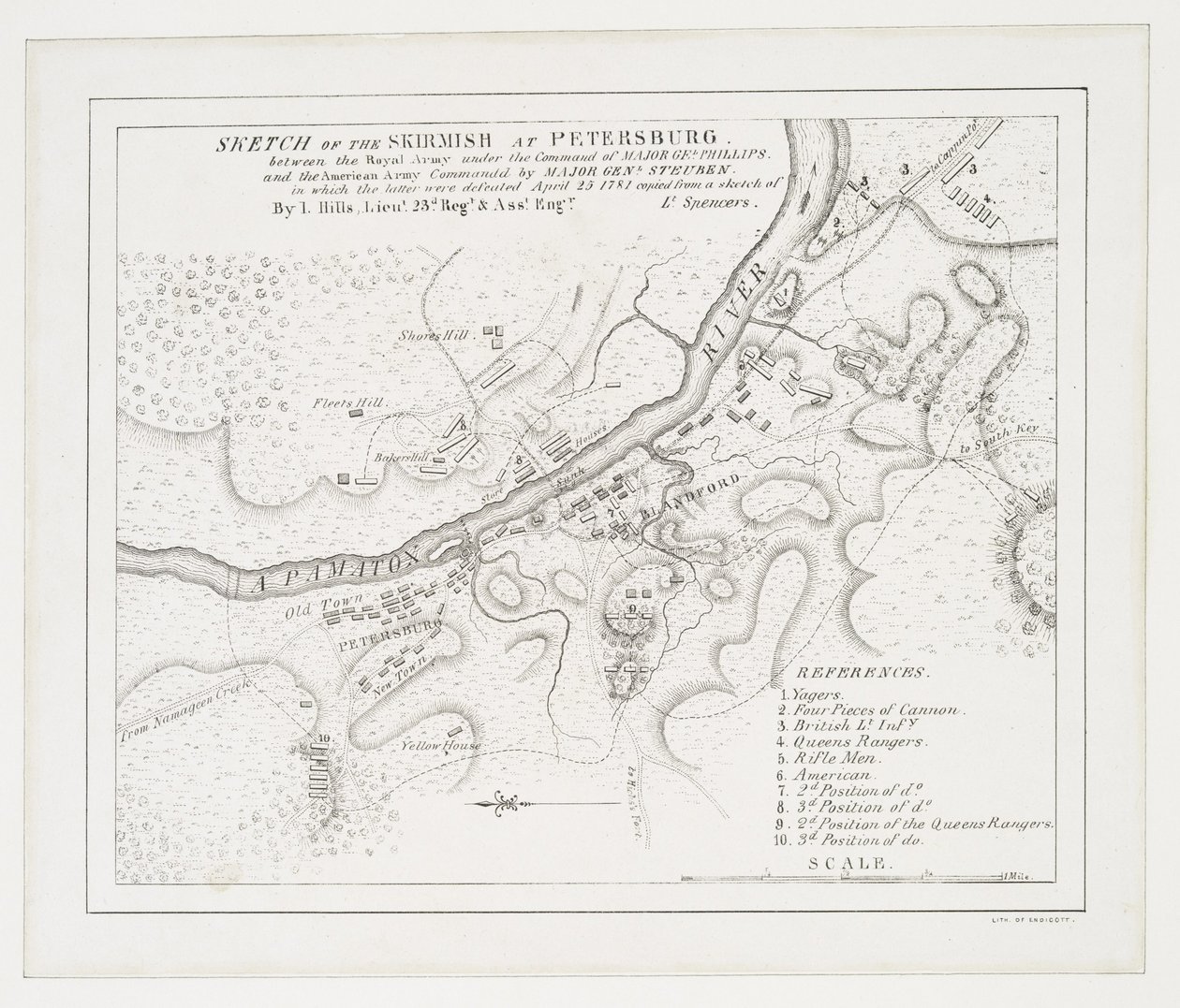 Skizze des Gefechts bei Petersburg: zwischen der königlichen Armee unter dem Kommando von Major Gel. Phillips und der amerikanischen Armee unter dem Kommando von Major Genl. Steuben, bei dem letztere besiegt wurden, 25. April 1781 von American School