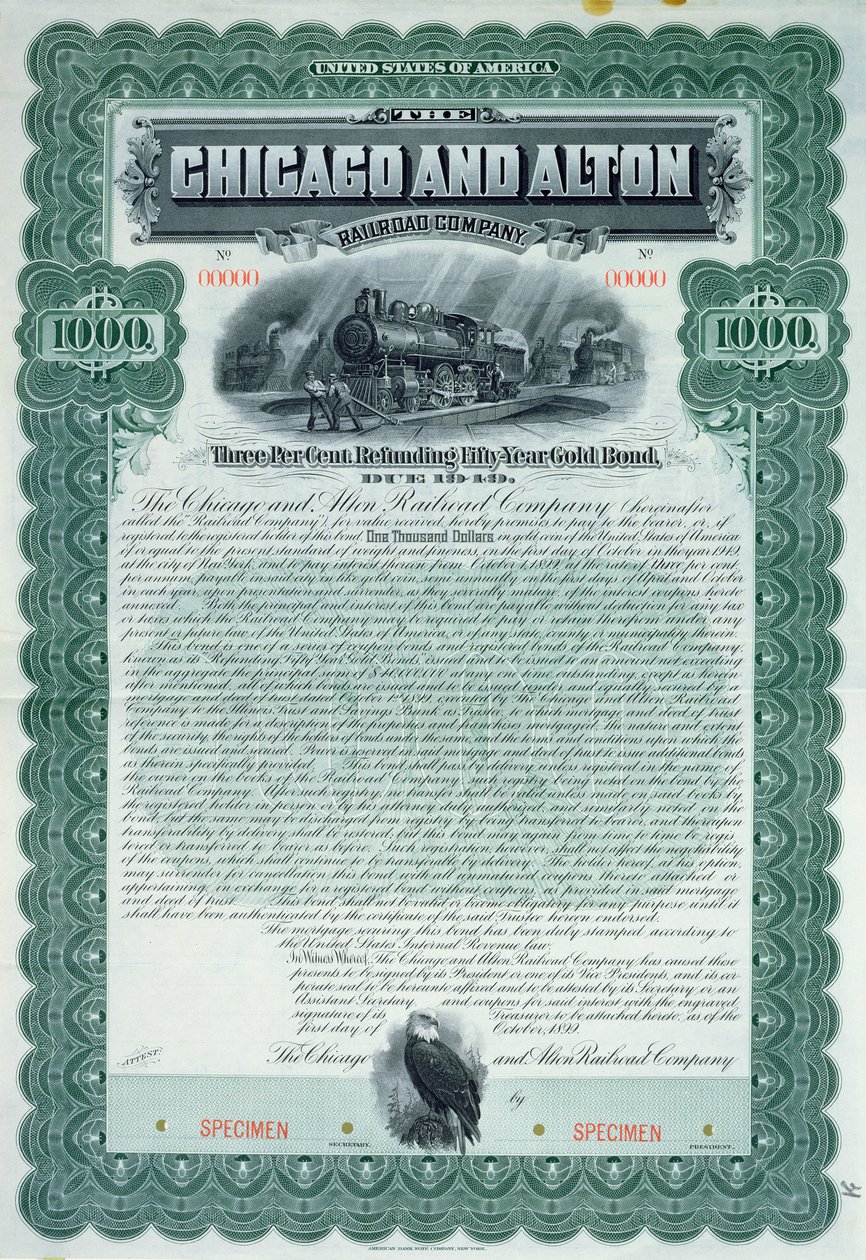 1899年のシカゴおよびアルトン鉄道会社の1000ドルの標本債券 作： アメリカの学校