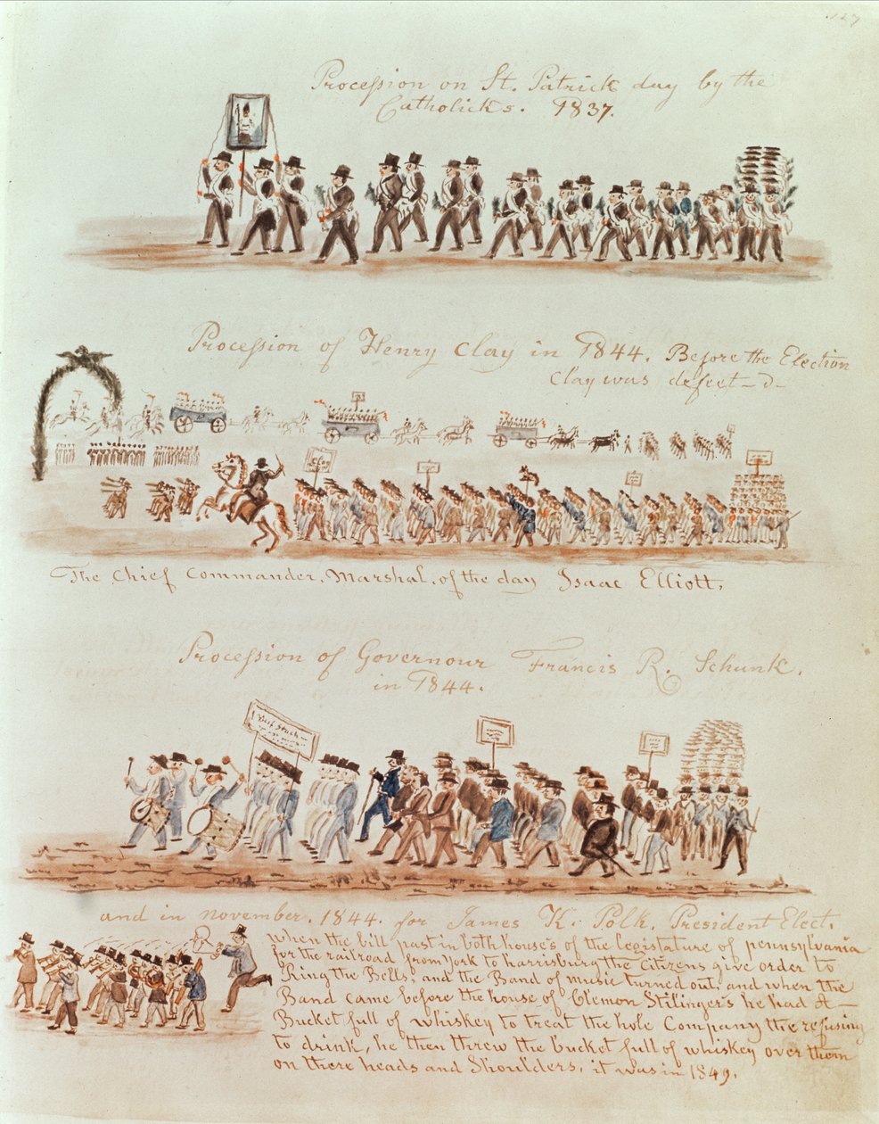 1837年の聖パトリックの日の行列、1844年のヘンリークレイ、フランシスシャンク知事、ジェームズポークの行列（紙にインクとトイレ） 作： アメリカの学校