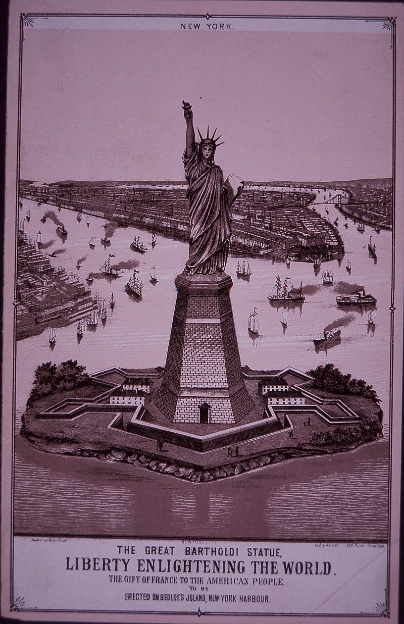 自由の女神は「ベドロー島に建てる」1885年の版画（エングレービング 作： アメリカの学校