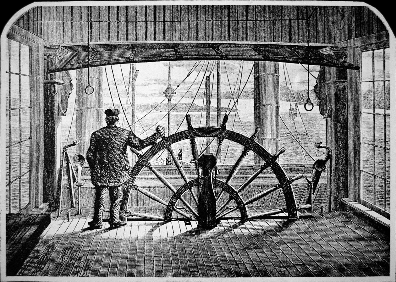 操舵室にいる蒸気船の水先案内人、1870年頃（エングレービング 作： アメリカの学校