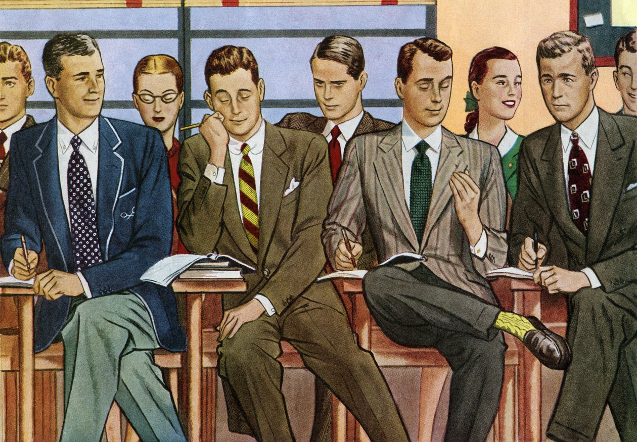 1940年代の大学の教室で机に向かう学生たち 作： アメリカの学校