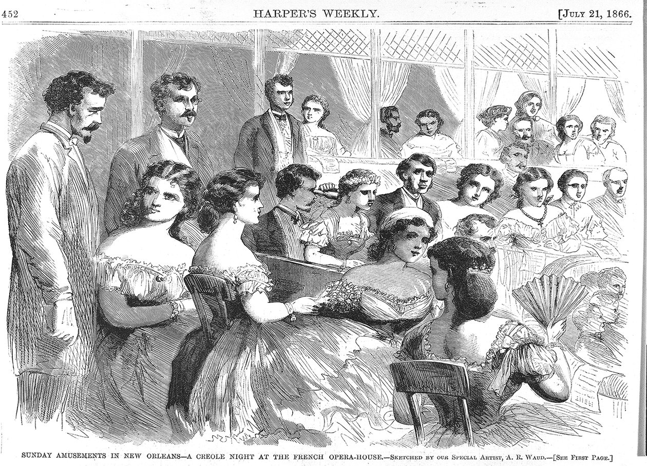 ニューオーリンズでの日曜日の娯楽、フレンチオペラハウスでのクレオールの夜、1866年 作： アメリカの学校