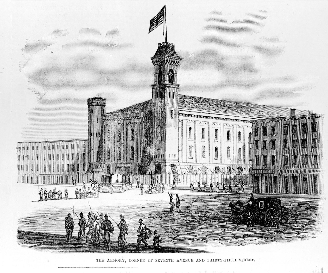 1863年にニューヨーク市で起こった暴動のドラフトからのシーン、セブンスアベニューのコーナーと35番街の武器庫 作： アメリカの学校