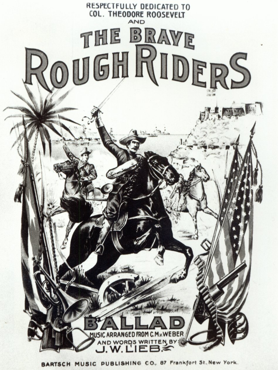 The Brave Rough Riders」、ソングシートのカバー、印刷：Bartch Music Publishing Co, New York 作： アメリカの学校