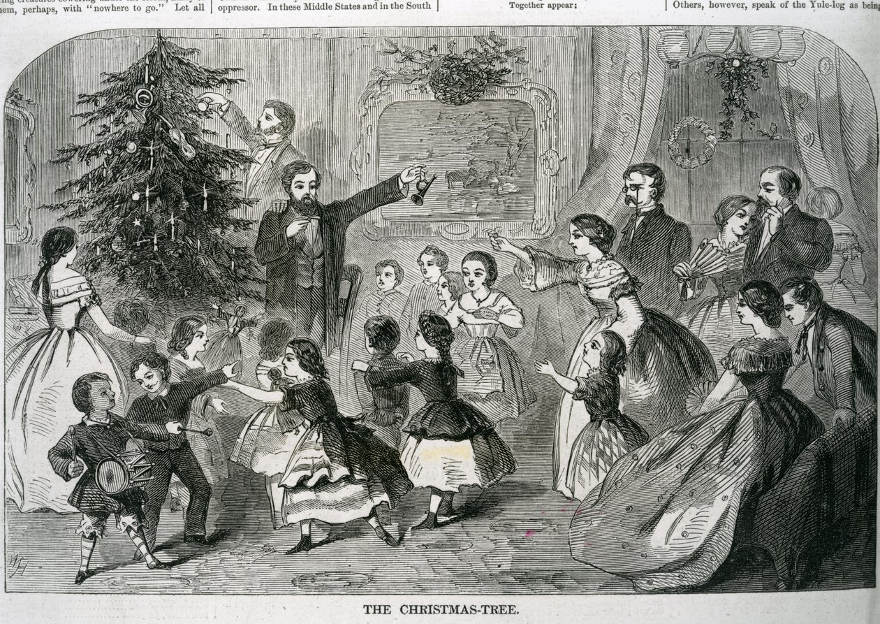 クリスマスツリー、「ハーパーズウィークリー」のイラスト、1870年 作： アメリカの学校