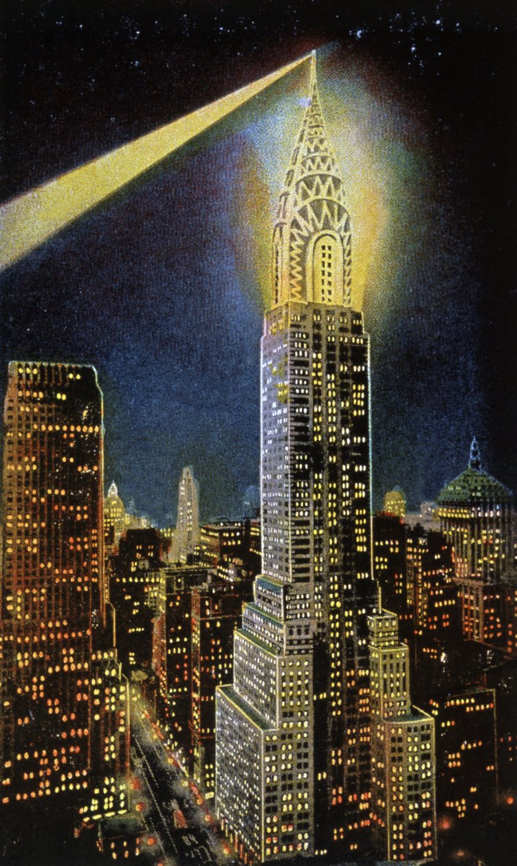 夜のクライスラー・ビル、ニューヨーク、1929年頃（絵葉書） 作： アメリカの学校
