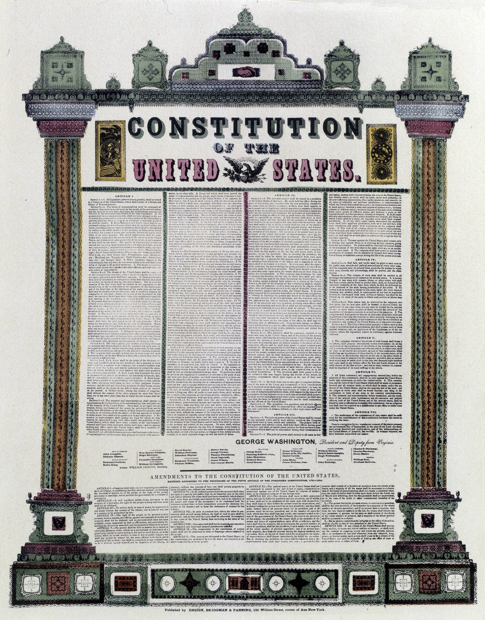 アメリカ合衆国憲法（アメリカ憲法）は、1787年に署名され、1789年に適用されました。 作： アメリカの学校