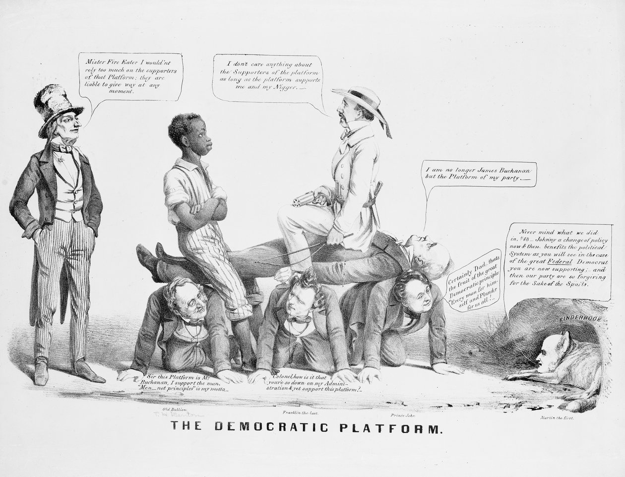 奴隷制に立っている民主党についてコメントする「民主党の綱領」の風刺漫画、1856年頃 作： アメリカの学校