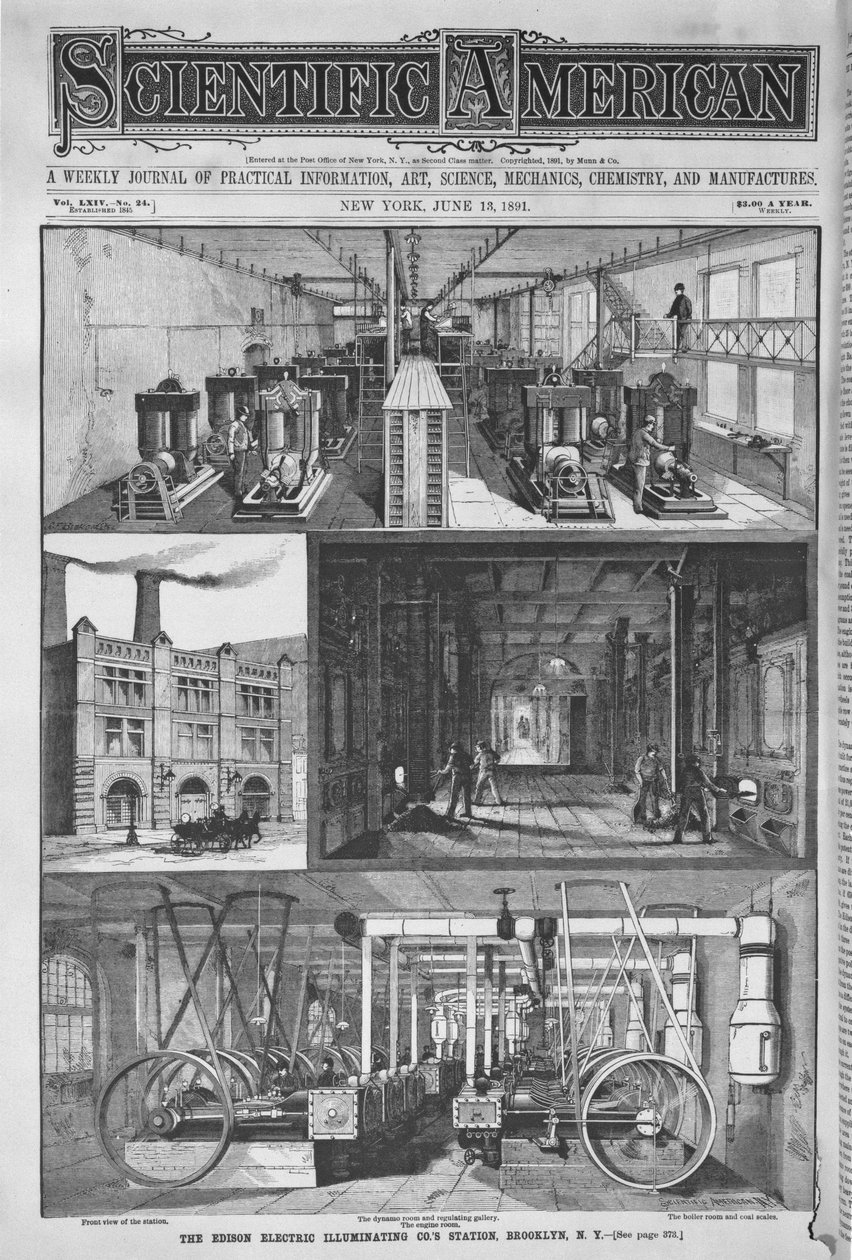 エジソン電気照明Cosステーション、イラスト、サイエンティフィックアメリカン、1891年 作： アメリカの学校