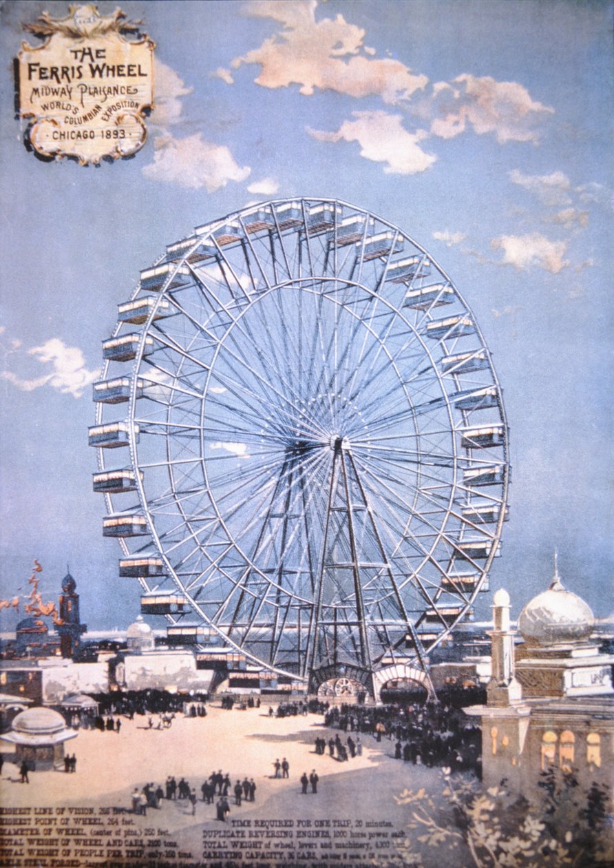 1893年シカゴ万国博覧会のミッドウェイ広場に設置された観覧車（カラー