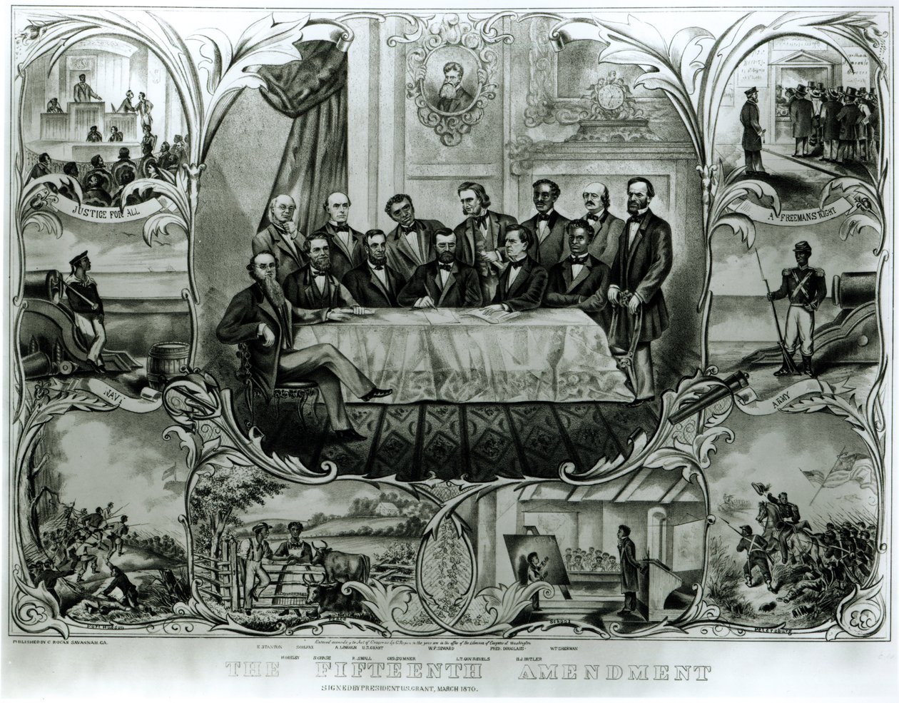 ユリシーズ・S・グラント大統領（1822-85）が署名した憲法修正第15条 1870年3月（リトグラフ）（モノクロ写真 作： アメリカの学校