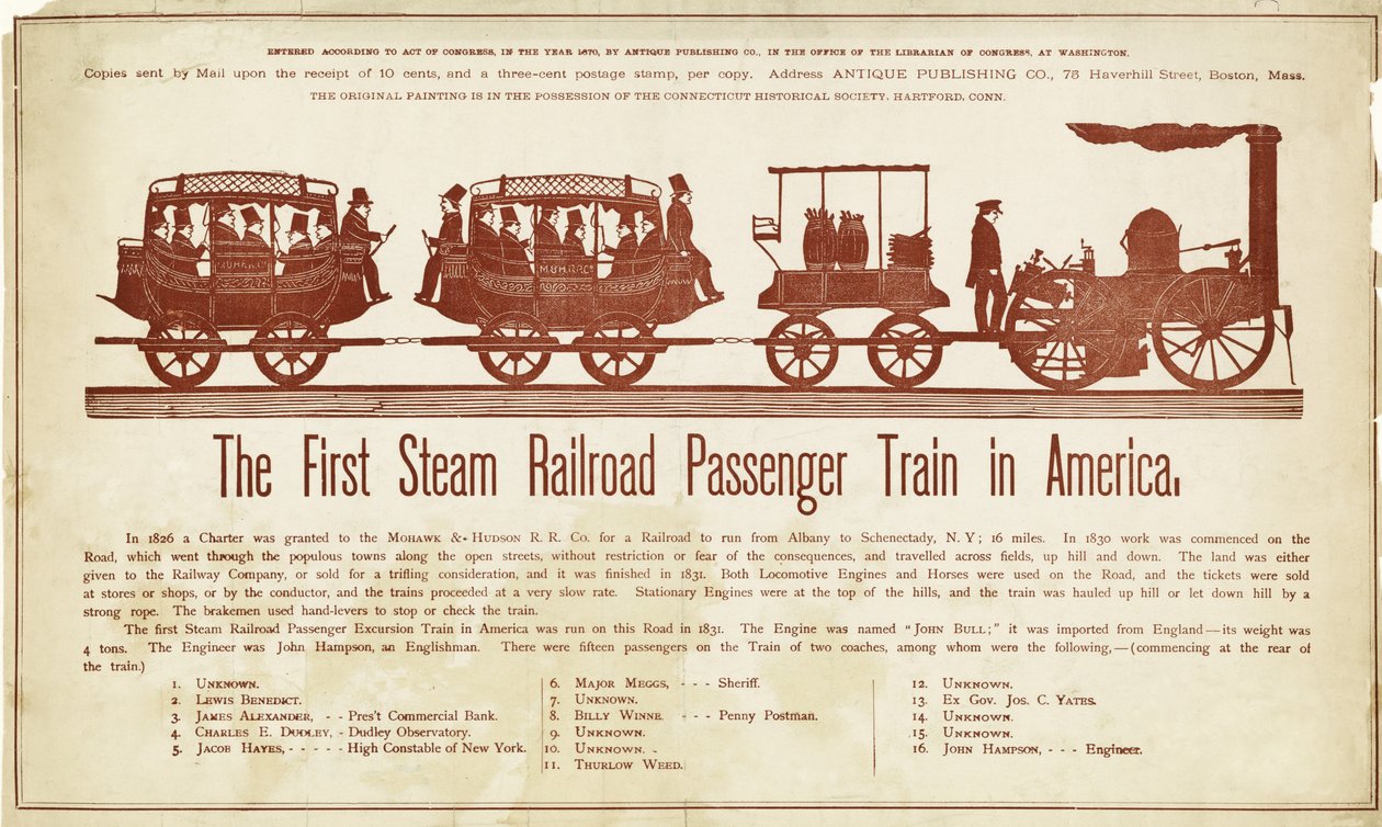1870年頃に出版された「アメリカ初の蒸気鉄道旅客列車」（カラー木版画 作： アメリカの学校