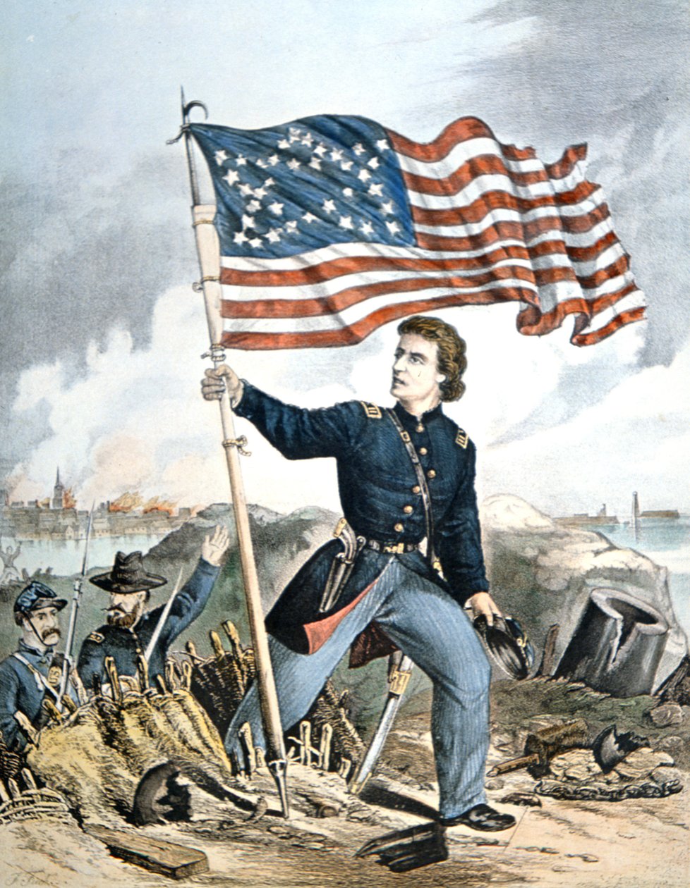 The Flag Again, Waves Over Sumter」キンメル＆フォースター社の刻印（カラーリトグラフ 作： アメリカの学校