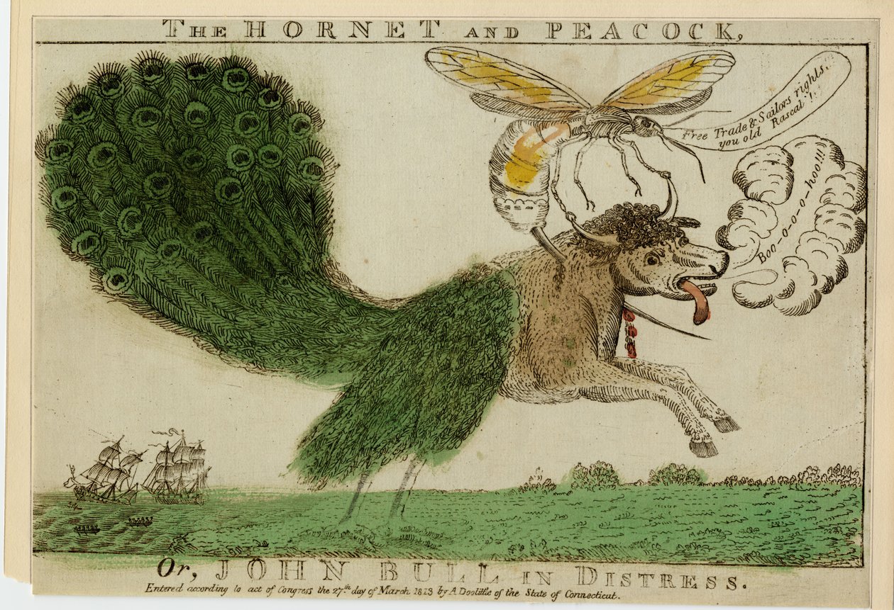 ホーネットとピーコック、または、苦しんでいるジョン・ブル、1813年（彫刻でエッチング） 作： アメリカの学校