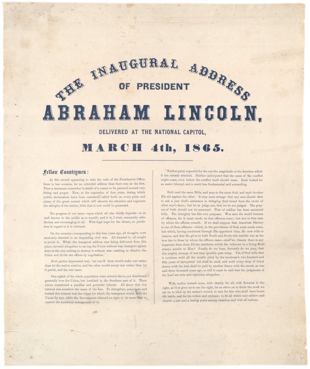 1865年3月4日、国会議事堂で発表されたエイブラハムリンカーン大統領の就任演説 作： アメリカの学校