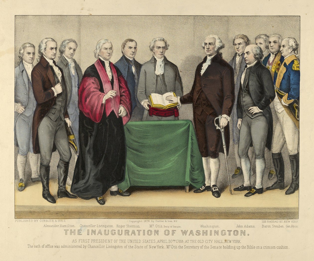 アメリカ合衆国初代大統領としてのワシントンの就任式、1789年4月30日、ニューヨークの旧市庁舎で、pub.1876（カラーリソ） 作： アメリカの学校
