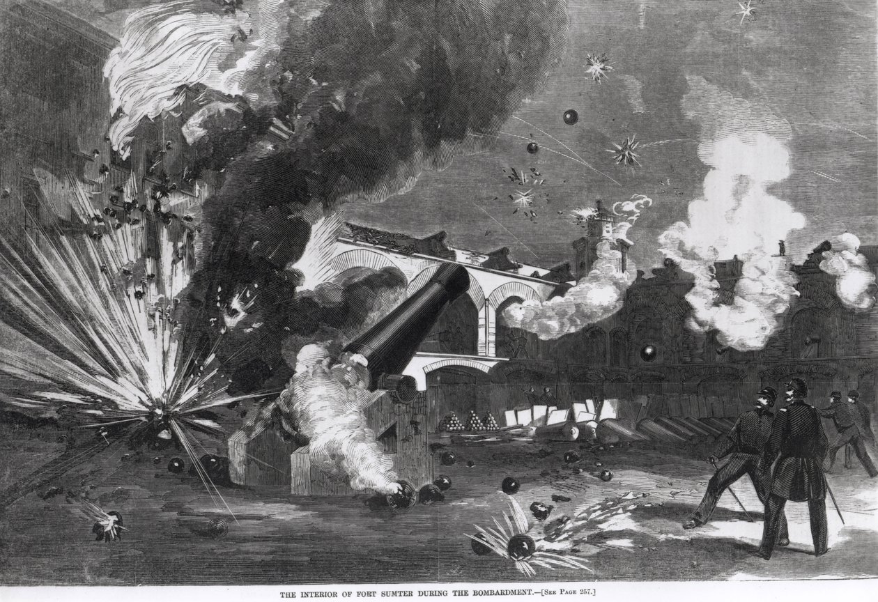 1861年4月12日、「ハーパーズウィークリー」からの1861年4月12日の砲撃時のサムター要塞の内部 作： アメリカの学校