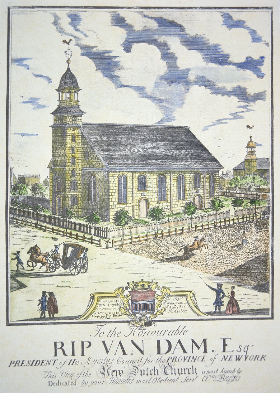 1731年、ニューヨーク市のナッソー通りとリバティ通りの角に建てられた新オランダ改革派教会（カラー図版 作： アメリカの学校