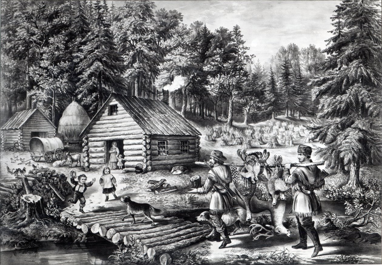西部開拓時代の開拓者の家、パブ。 Currier und Ives、1867 作： アメリカの学校
