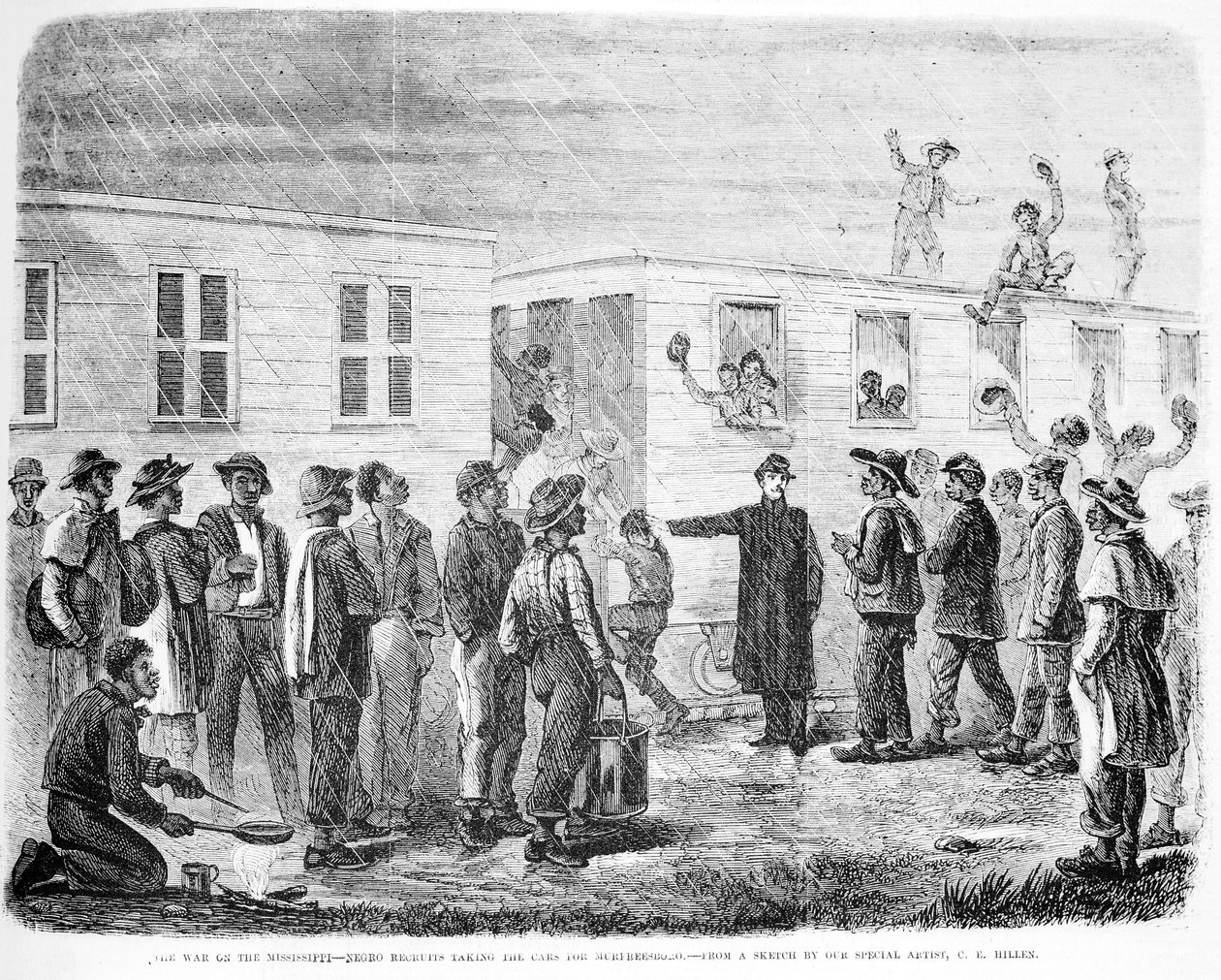 ミシシッピネグロとの戦争、フランクレスリーイラストレイテッド新聞（1864年5月）からマーフリーズボロまで車に搭乗 作： アメリカの学校