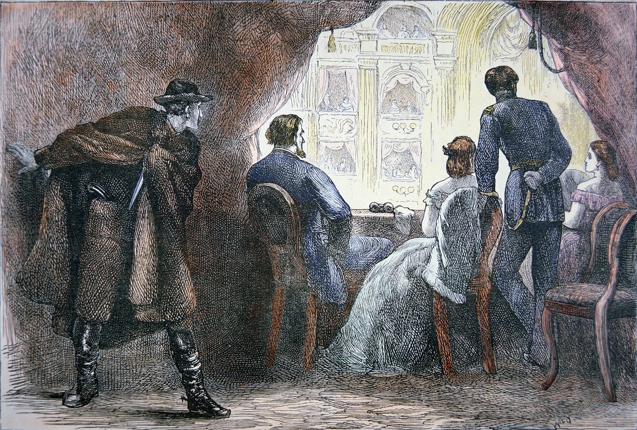 1865年4月14日、フォード劇場のボックスで行われたエイブラハム・リンカーン（1809-65）の暗殺事件（カラーリトグラフ 作： アメリカの学校