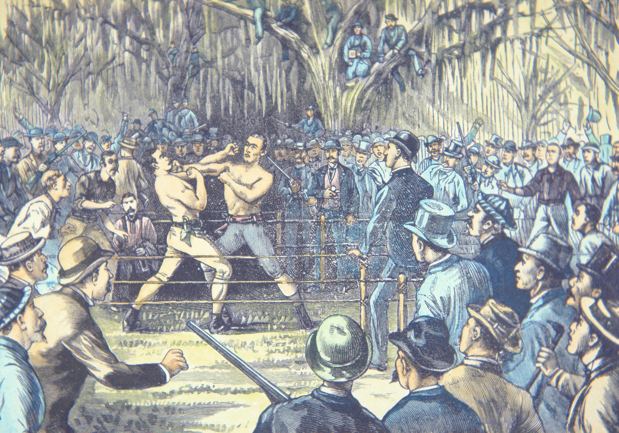 1889年、ミシシッピ州リッチバーグで行われた最後の素手のボクシング選手権試合、ジョン・L・サリバン対ジェイク・キルレイン（カラーリトグラフ）。 作： アメリカの学校
