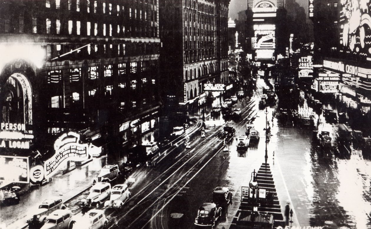 夜のタイムズスクエア、ニューヨーク、1930年頃（写真後） 作： アメリカの学校