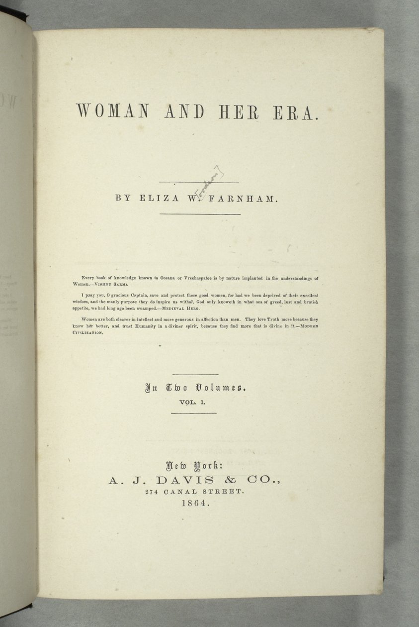 Eliza Wood Farnham（1815-64）によるWomen and Her Eraのタイトルページ（1864年、ニューヨーク発行）（印刷） 作： アメリカの学校