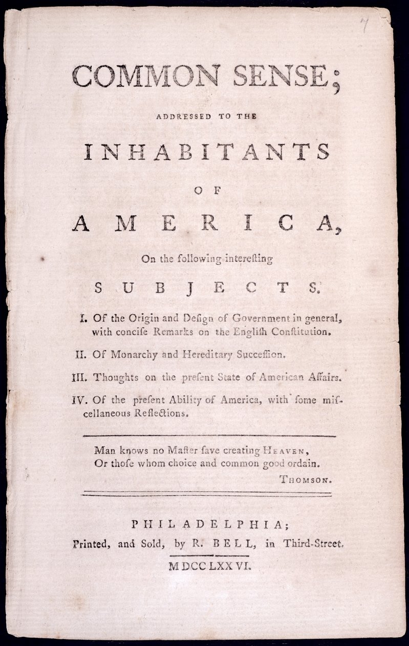 Thomas Paine（1737-1809）によるCommon Senseのタイトルページ1776（印刷） 作： アメリカの学校