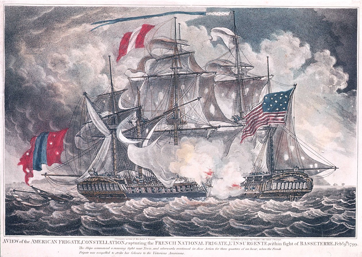 1800年に公開された1799年2月9日のバセテールの戦いで、米国領フリゲート星座が西インド諸島のリンスルヘンテを占領 作： アメリカの学校