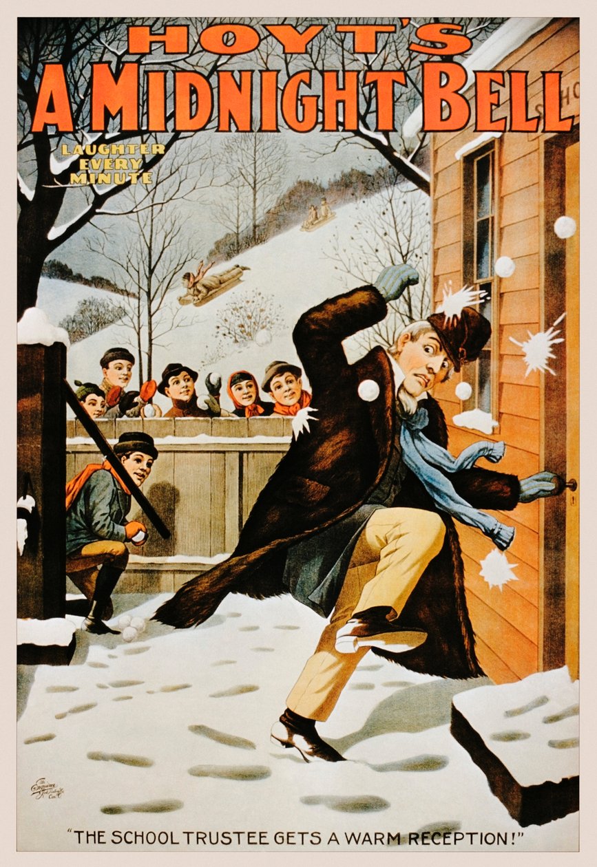 雪玉で男を投げる少年のビンテージポスター、1890-99 作： アメリカの学校