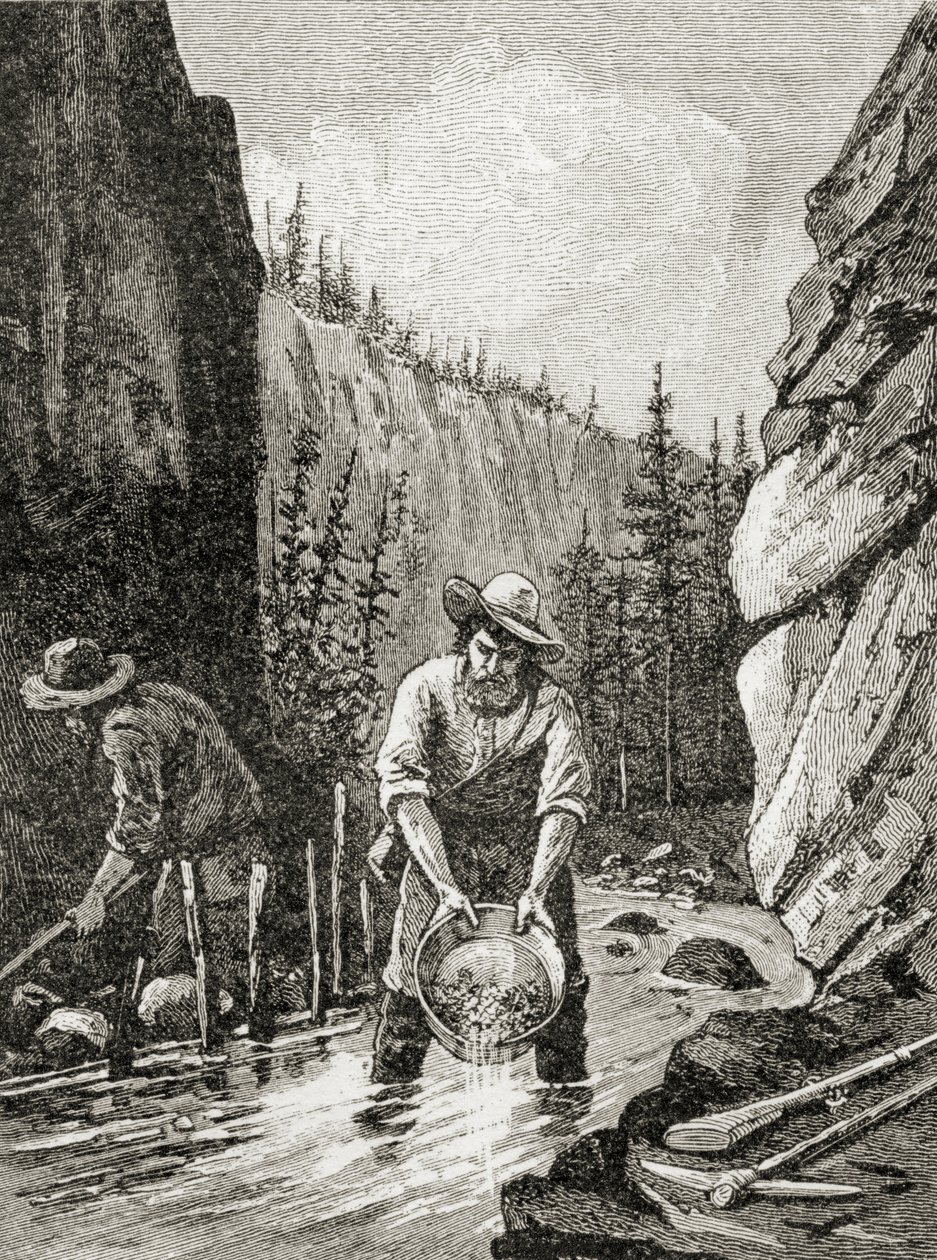1885年にAS Barnes und Co.によって発行された「米国の簡単な歴史」からの金の洗い出し 作： アメリカの学校