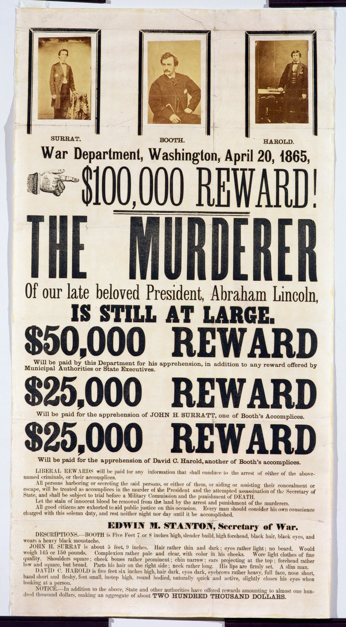 ワシントン戦争局のポスター、1865年4月20日、エイブラハムリンカーンの殺人者を発見したことに対する10万ドルの報酬を発表 作： アメリカの学校