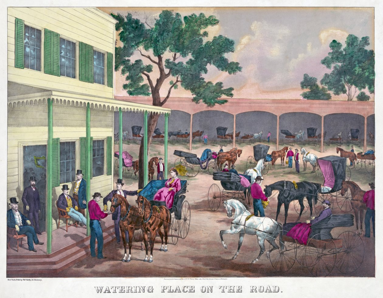 路上の水飲み場、パブ。1870年（手彩色の彫刻 作： アメリカの学校