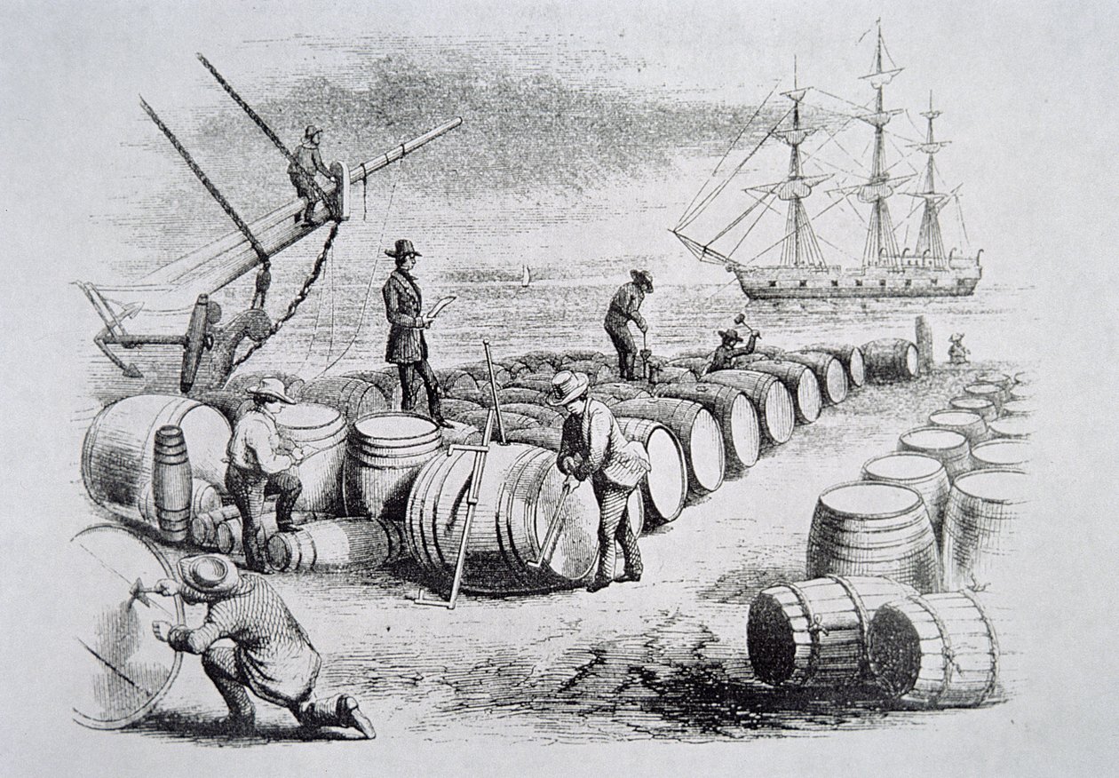 樽の中の油を測る捕鯨船員たち（『The American Whale Fishery』1850年頃より）（彫刻 作： アメリカの学校