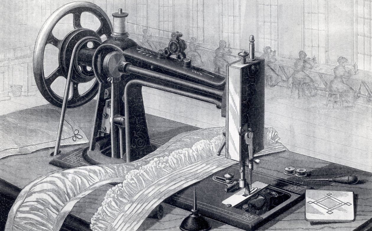 ウィルソンミシン、踏み板とオイル缶からのベルト駆動を示す、Park Benjamin Appletons Cyclopedia of Applied Machines、1880年発行 作： アメリカの学校