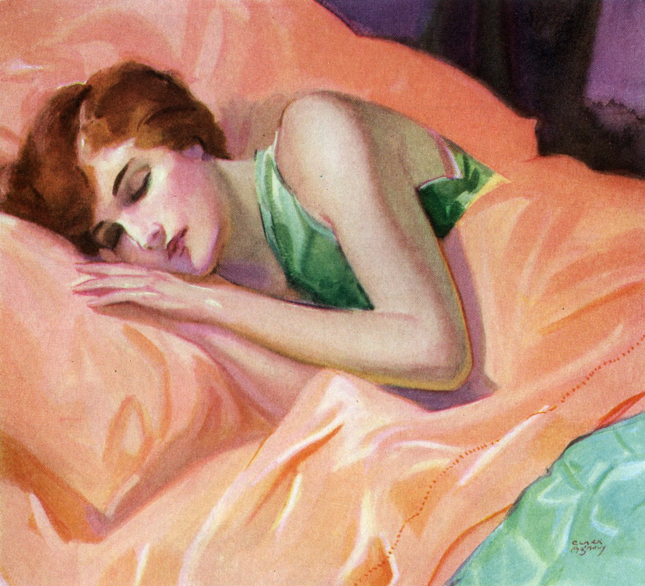 桃色のシーツの上で眠る女性 作： アメリカの学校