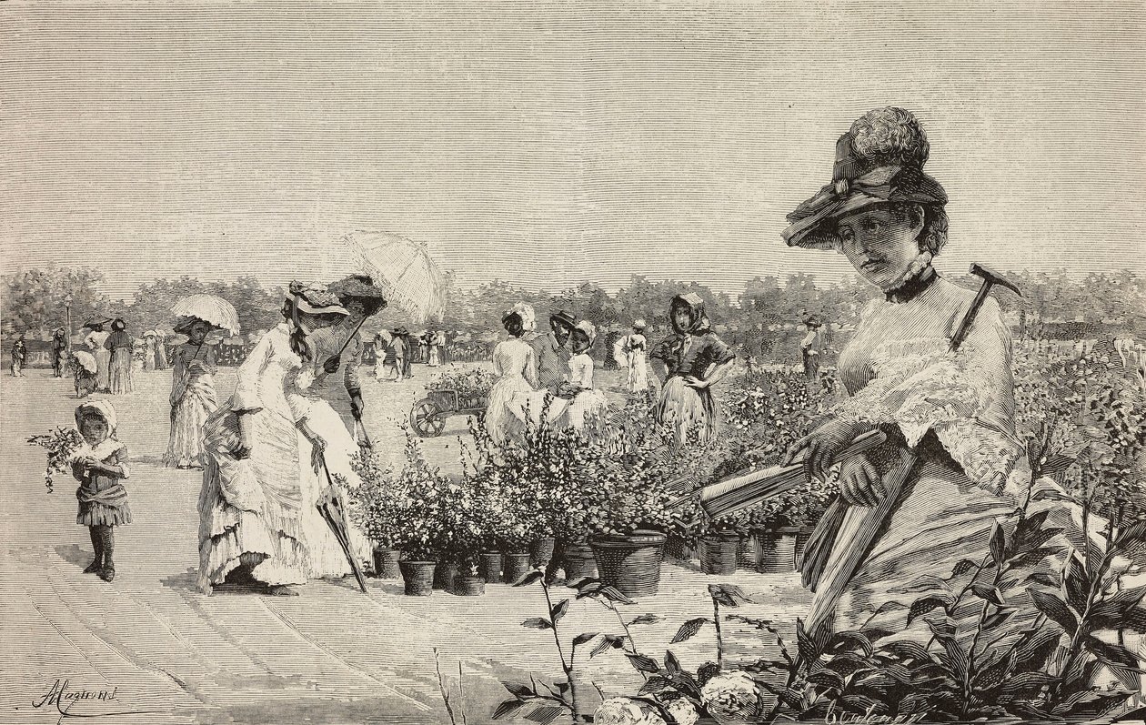イタリア、ミラノのブレラを歩く女性、アメリーノ・カニョーニ (1853-1923) 作の絵画「マッジョ (5 月)」からの彫刻、L