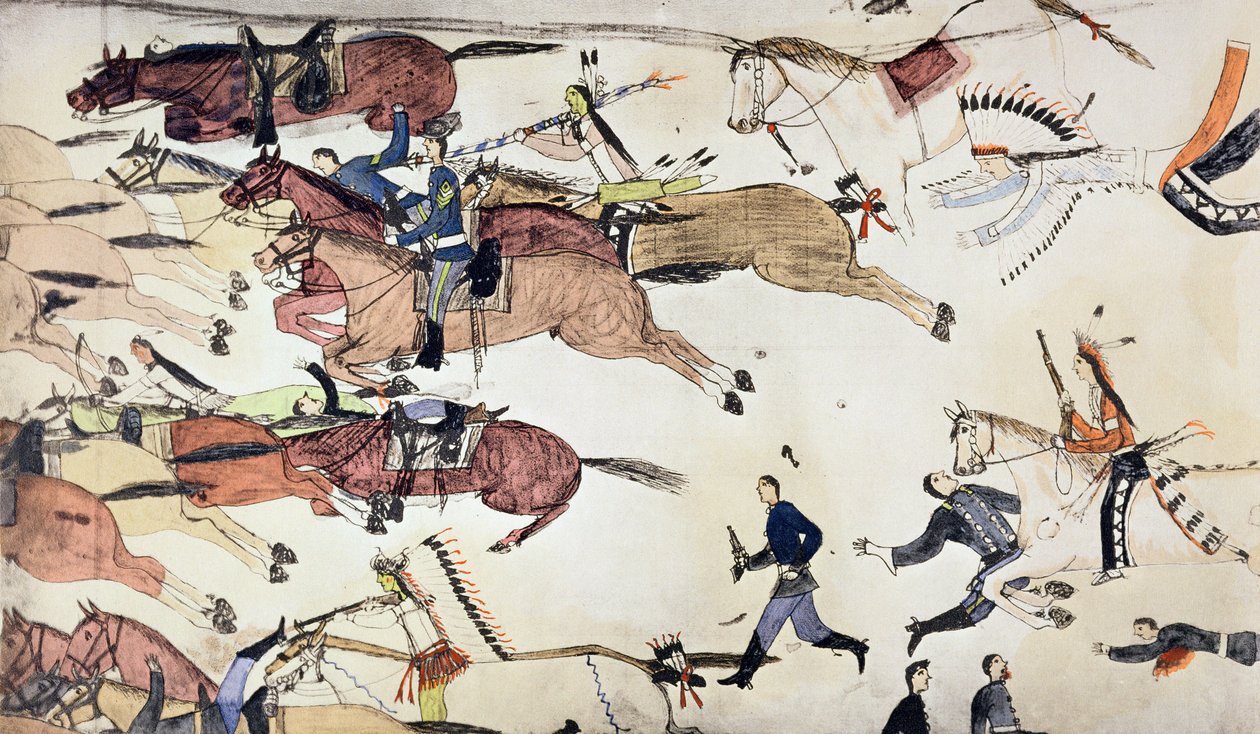 リトル ビッグホーンの戦い、モンタナ州、アメリカ合衆国、1876 年 6 月 25 ～ 26 日 c1900 作： アモスバッドハートバッファロー